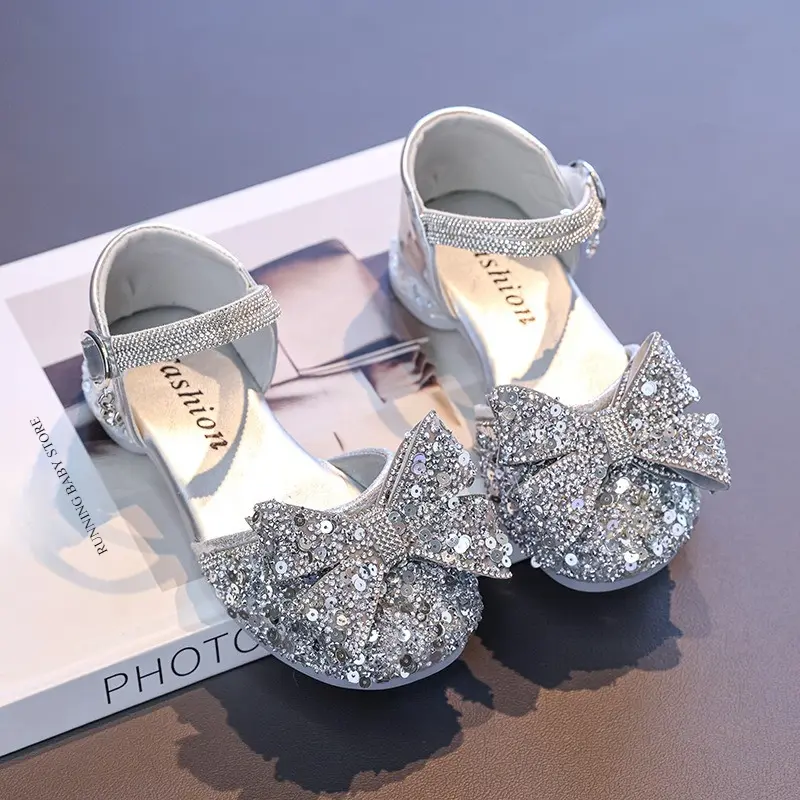 Girl's High Heels Rhinestone Princess Shoes Summer Little Girl Glitter Bow-knot Performance Dress Shoes for Evening Party I06018
