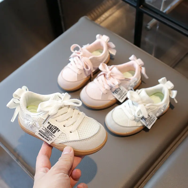 Girls Casual Shoes New Style Appliques Wear-resistant Soft Bow-tie Ribbons Little Girl Sneakers Student Hiking Shoes Kids I08135