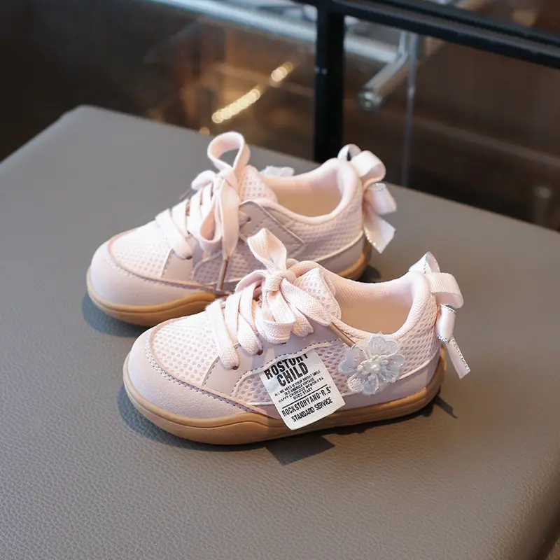 Girls Casual Shoes New Style Appliques Wear-resistant Soft Bow-tie Ribbons Little Girl Sneakers Student Hiking Shoes Kids I08135