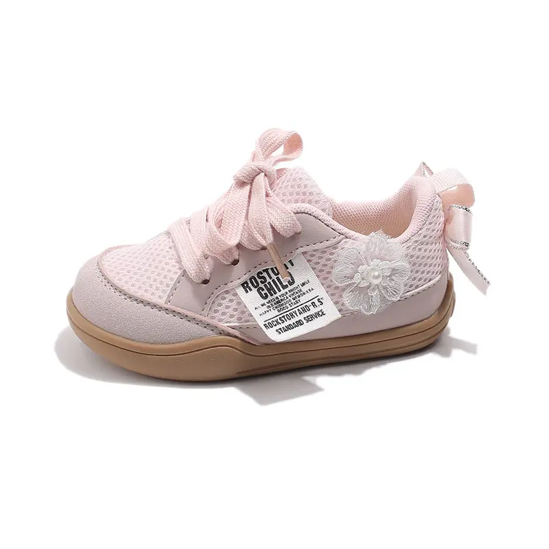 Girls Casual Shoes New Style Appliques Wear-resistant Soft Bow-tie Ribbons Little Girl Sneakers Student Hiking Shoes Kids I08135