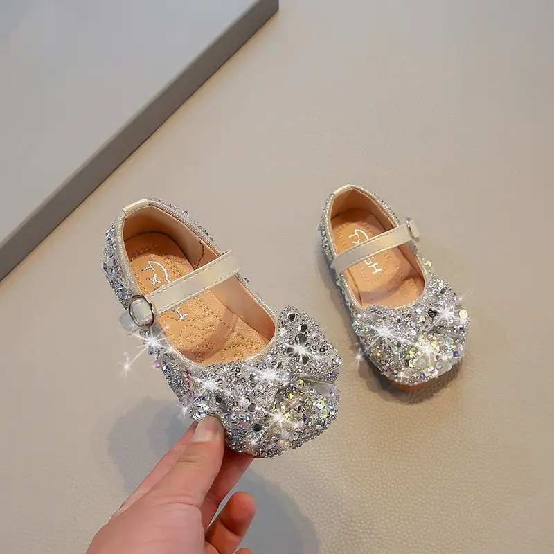 Shoes for Little Girl Early Autumn Mary Jane Shoe Child Bling Low Heel Crystal Princess Holiday Party Leather Shoes Girls I08131