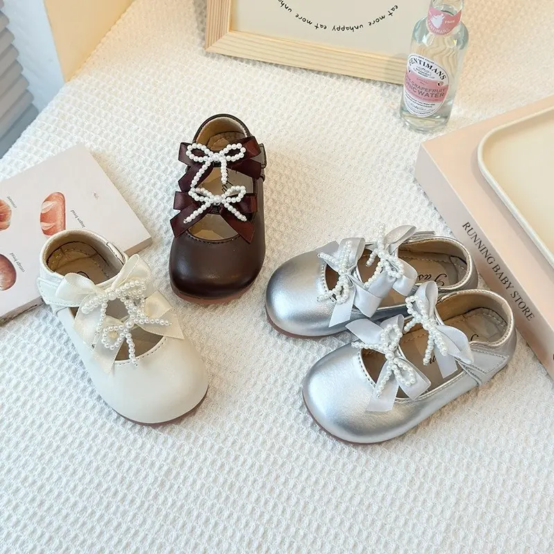 New Girl Leather Shoe Soft Sole Anti Slip Performance Kid Beading Shoes INS Fashion Sweet Girl Princess Shoe with Bow-tie I08127