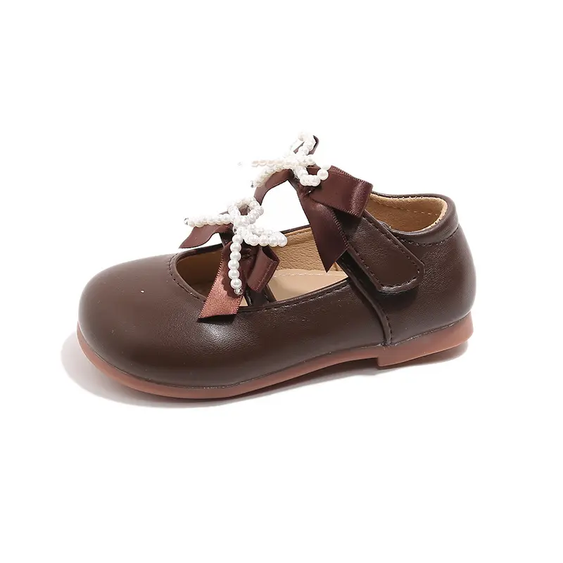 New Girl Leather Shoe Soft Sole Anti Slip Performance Kid Beading Shoes INS Fashion Sweet Girl Princess Shoe with Bow-tie I08127