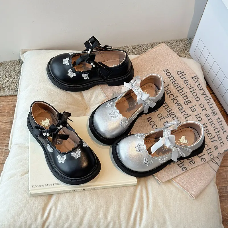 Delicate Butterfly Embellishments Princess Shoes Girl Ribbons Strape Mary-Jane Style Shoes Round Toe Dress Shoes Girls I04161