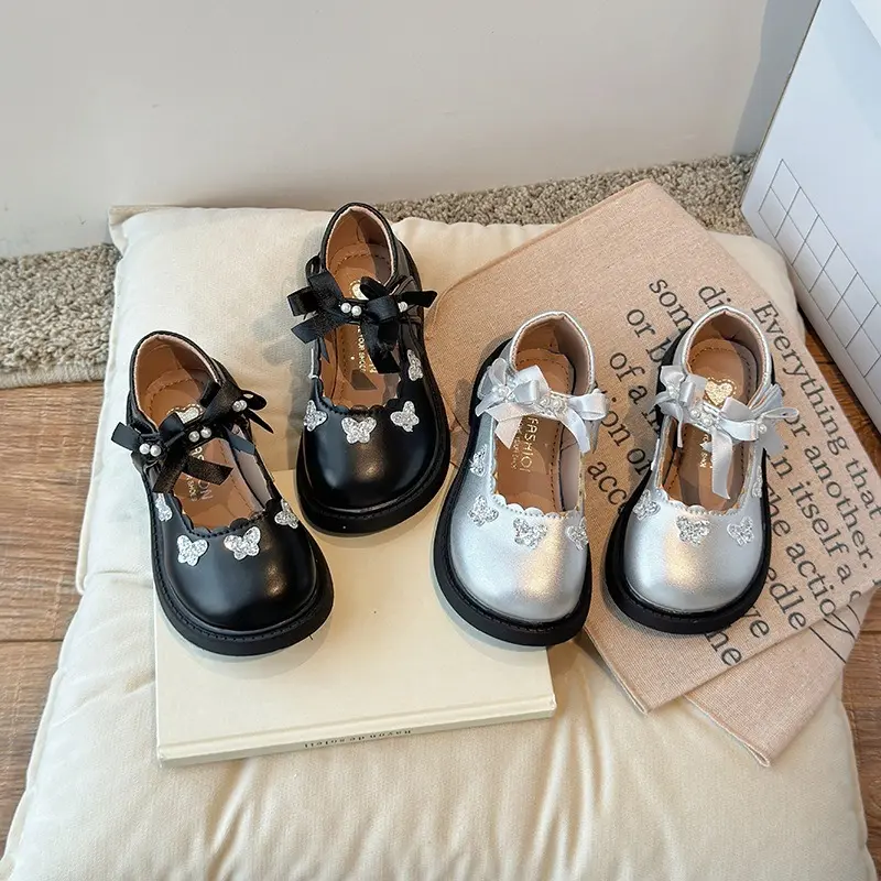Delicate Butterfly Embellishments Princess Shoes Girl Ribbons Strape Mary-Jane Style Shoes Round Toe Dress Shoes Girls I04161