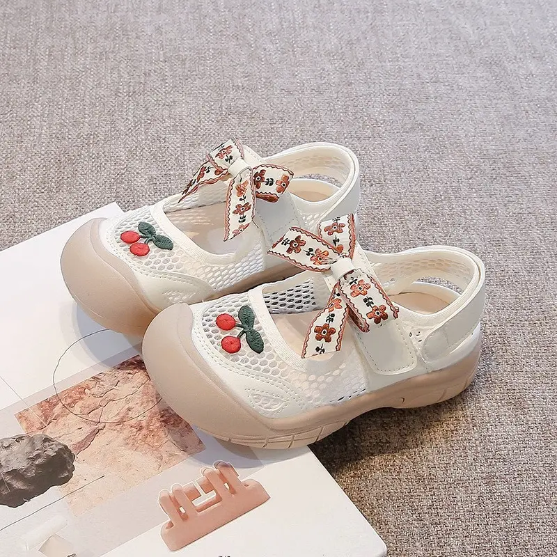 Bow-knot Breathable Hollow Out Platform Sneakers Teenage Girl Student Summer Mesh Shoes with Cherry Thick Bottom Footwear I06053