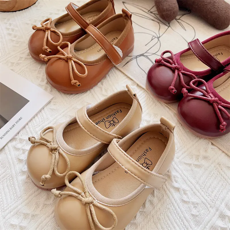 Children Leather Flat Shoes Girls Fashionable Round Toe Casual Ballerina Bow Ballet Shoes Soft Moccasin Lolita mary janes I03212