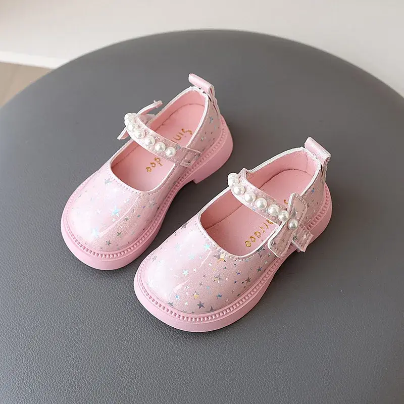 Bling All Over Stars Fashion Leather Shoes for Kids Girls Beading Black Pink White Rubber Children School Dress Shoes New I01163