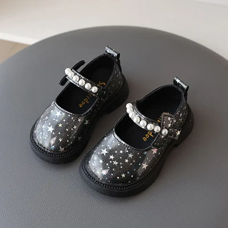 Bling All Over Stars Fashion Leather Shoes for Kids Girls Beading Black Pink White Rubber Children School Dress Shoes New I01163