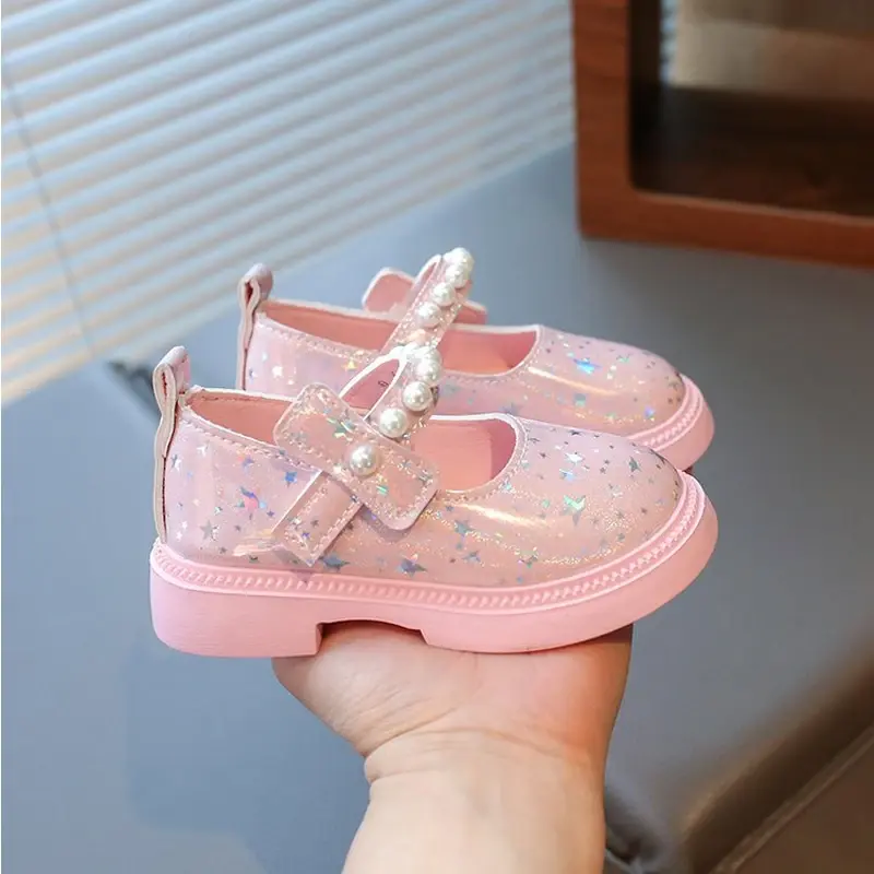 Bling All Over Stars Fashion Leather Shoes for Kids Girls Beading Black Pink White Rubber Children School Dress Shoes New I01163