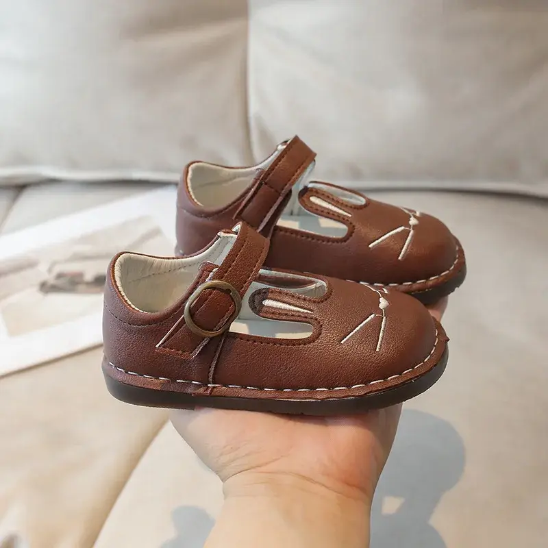 Cartoon Cat Shoes for Girls Baby Mary Janes Little Children Spring Leather Shoes Funny Covered Toe Comfortable Kids Shoes I01093