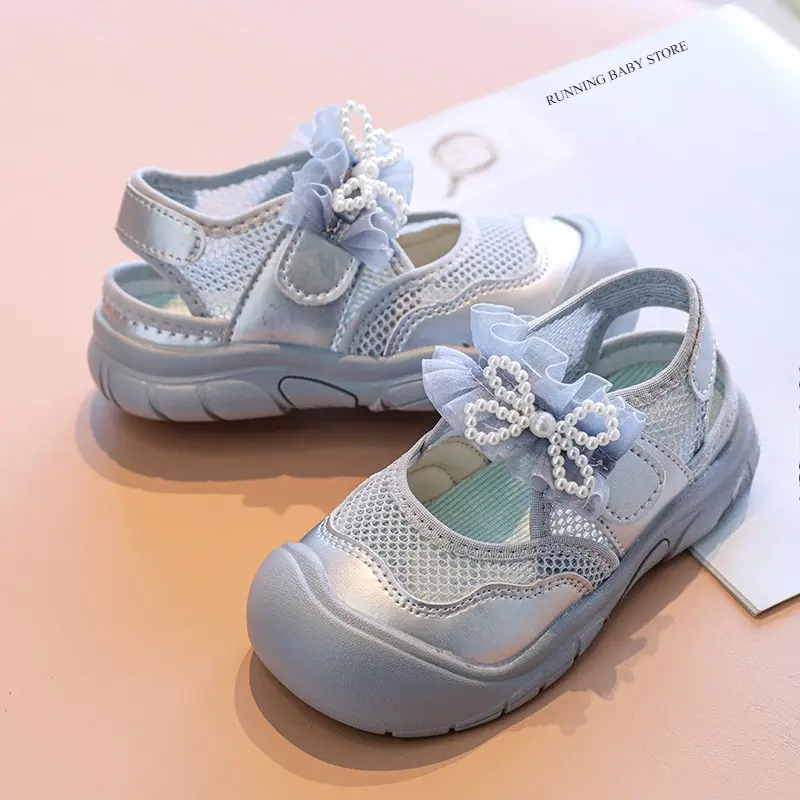 Beautiful Ruffles Strape Children Shoes Girls Sneakers Fresh Mesh Vamp Little Girl Summer Shoes Child with Pearls Bow-tie I06222