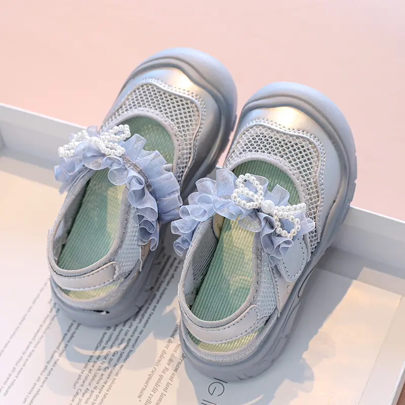 Beautiful Ruffles Strape Children Shoes Girls Sneakers Fresh Mesh Vamp Little Girl Summer Shoes Child with Pearls Bow-tie I06222