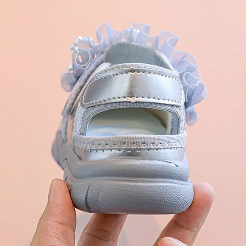 Beautiful Ruffles Strape Children Shoes Girls Sneakers Fresh Mesh Vamp Little Girl Summer Shoes Child with Pearls Bow-tie I06222