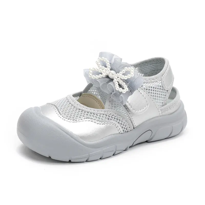 Beautiful Ruffles Strape Children Shoes Girls Sneakers Fresh Mesh Vamp Little Girl Summer Shoes Child with Pearls Bow-tie I06222