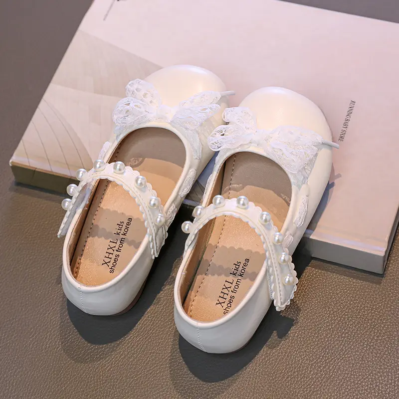 Girls Shoes 2025 Newly Arrived Little Kids Baby Girls Pearls Bowknot Princess Party Shoes Spring Lace Bow-tie Mary Janes I02031