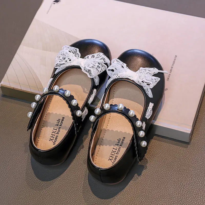 Girls Shoes 2025 Newly Arrived Little Kids Baby Girls Pearls Bowknot Princess Party Shoes Spring Lace Bow-tie Mary Janes I02031