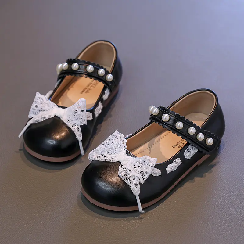 Girls Shoes 2025 Newly Arrived Little Kids Baby Girls Pearls Bowknot Princess Party Shoes Spring Lace Bow-tie Mary Janes I02031