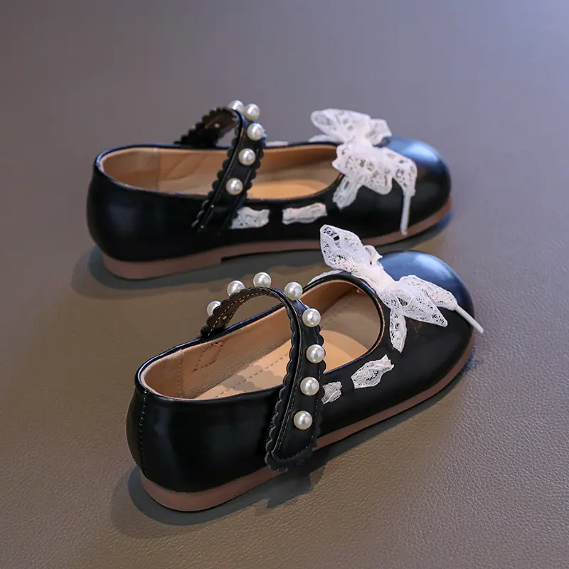 Girls Shoes 2025 Newly Arrived Little Kids Baby Girls Pearls Bowknot Princess Party Shoes Spring Lace Bow-tie Mary Janes I02031