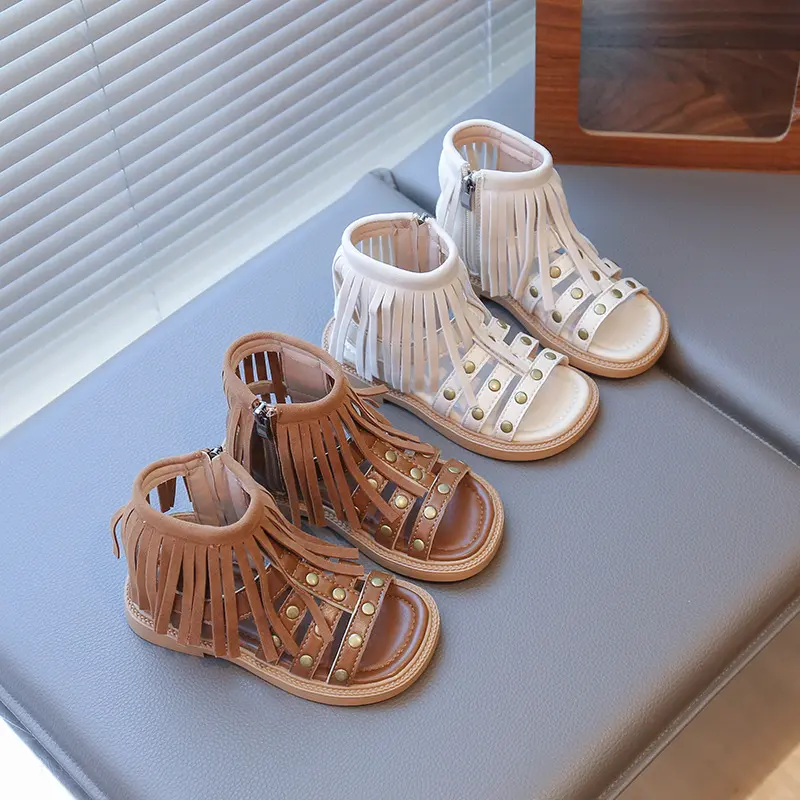 England Style Fashion Tassel Sandals Summer New Side Zipper Rivet High-top Sandals Student Beige Brown Roman Shoes Fringe I05235