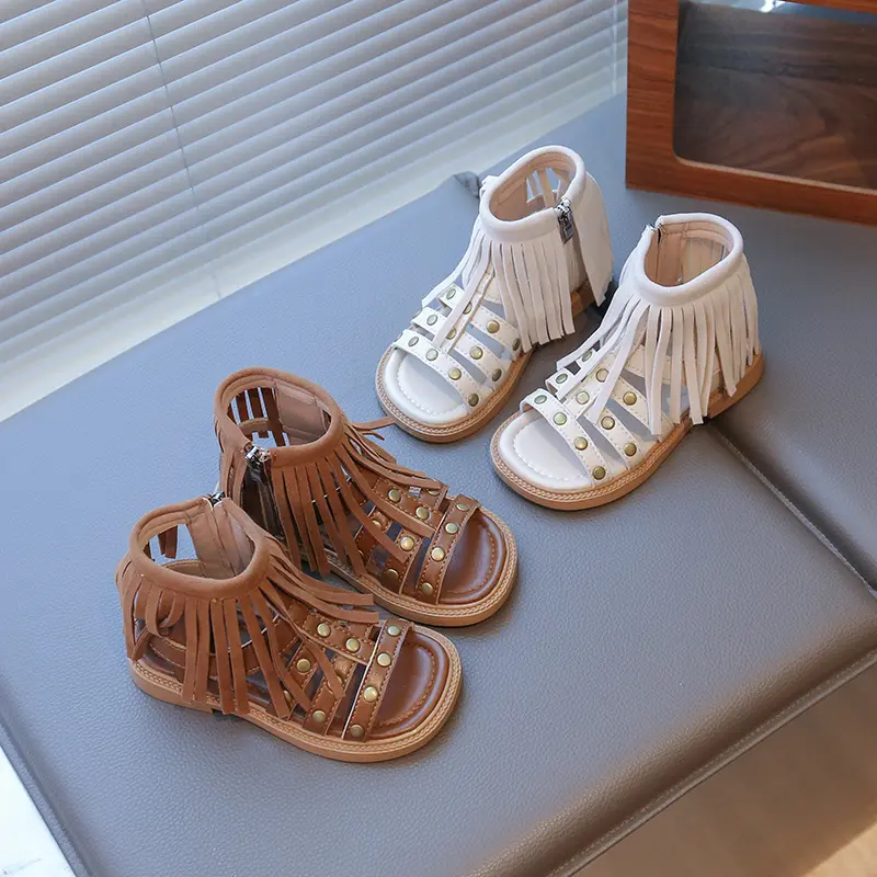 England Style Fashion Tassel Sandals Summer New Side Zipper Rivet High-top Sandals Student Beige Brown Roman Shoes Fringe I05235