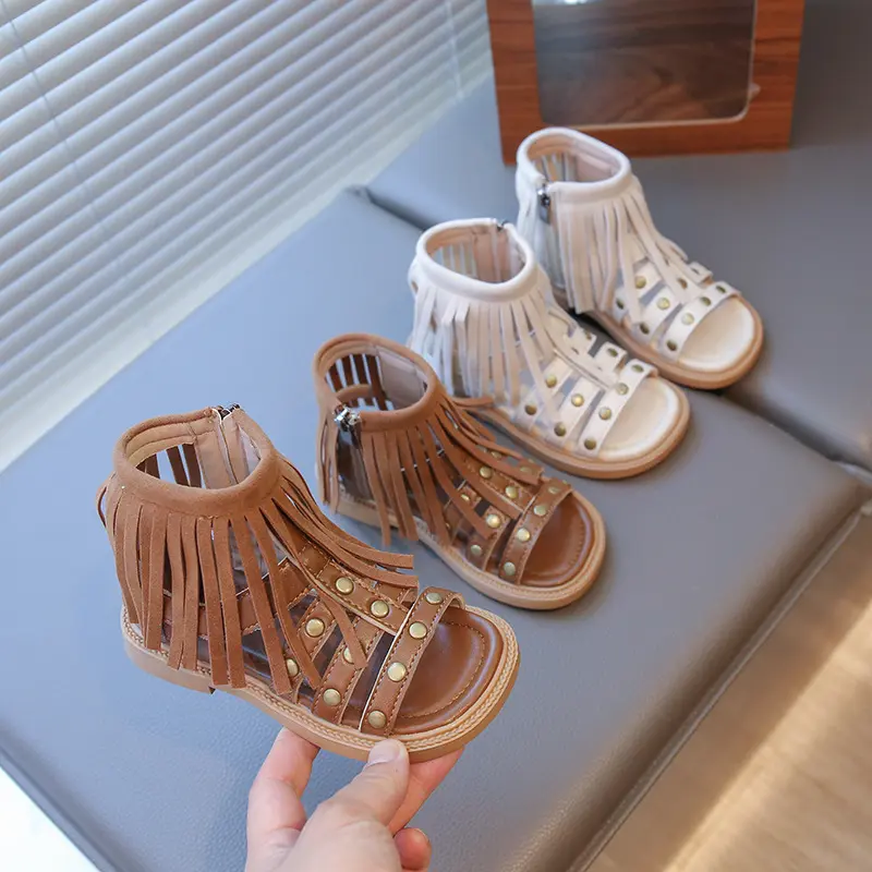 England Style Fashion Tassel Sandals Summer New Side Zipper Rivet High-top Sandals Student Beige Brown Roman Shoes Fringe I05235