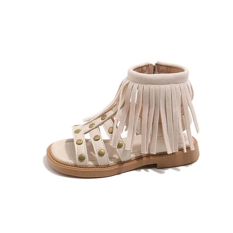 England Style Fashion Tassel Sandals Summer New Side Zipper Rivet High-top Sandals Student Beige Brown Roman Shoes Fringe I05235