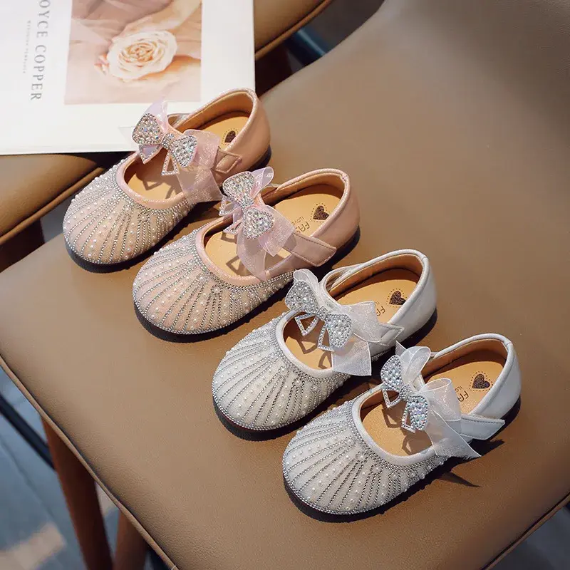 Spring Children Princess Leather Shoes for Girl Rhinestone Elegant Ribbons Sweet Bowtie Soft Sole Comfortable Party Shoes I02121