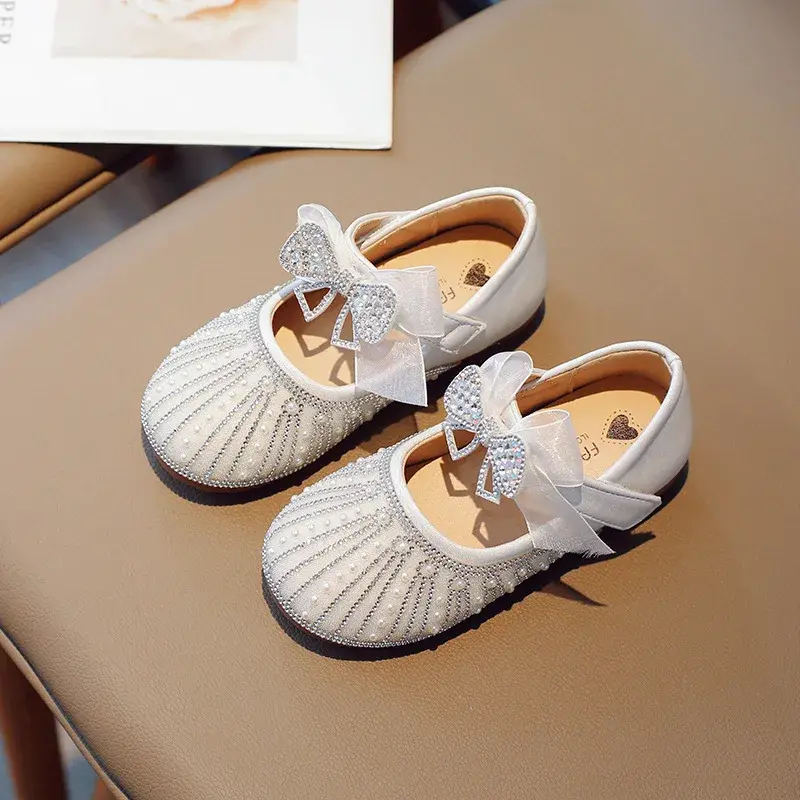 Spring Children Princess Leather Shoes for Girl Rhinestone Elegant Ribbons Sweet Bowtie Soft Sole Comfortable Party Shoes I02121