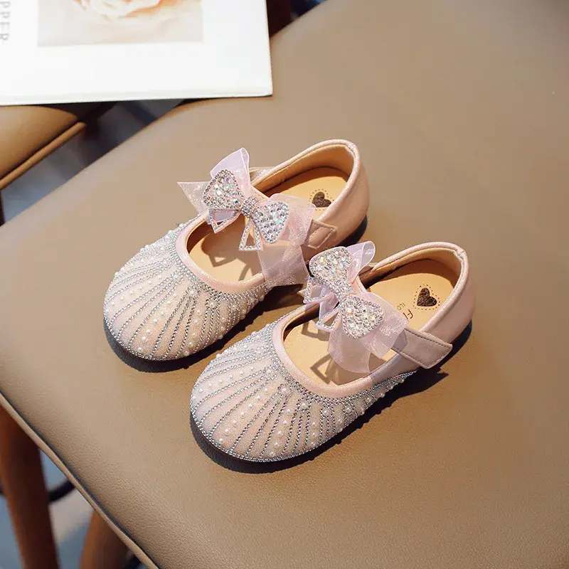 Spring Children Princess Leather Shoes for Girl Rhinestone Elegant Ribbons Sweet Bowtie Soft Sole Comfortable Party Shoes I02121