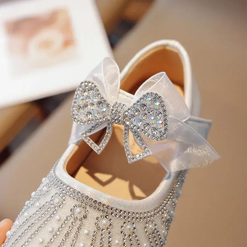 Spring Children Princess Leather Shoes for Girl Rhinestone Elegant Ribbons Sweet Bowtie Soft Sole Comfortable Party Shoes I02121