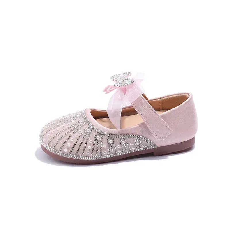 Spring Children Princess Leather Shoes for Girl Rhinestone Elegant Ribbons Sweet Bowtie Soft Sole Comfortable Party Shoes I02121