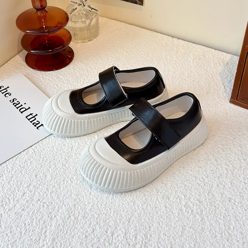 New Season High Quality Chic Flats Bottom Shoe Child Teenage Girls Round Toe Low-top Anti-Skid School PU Leather Sneakers I08074