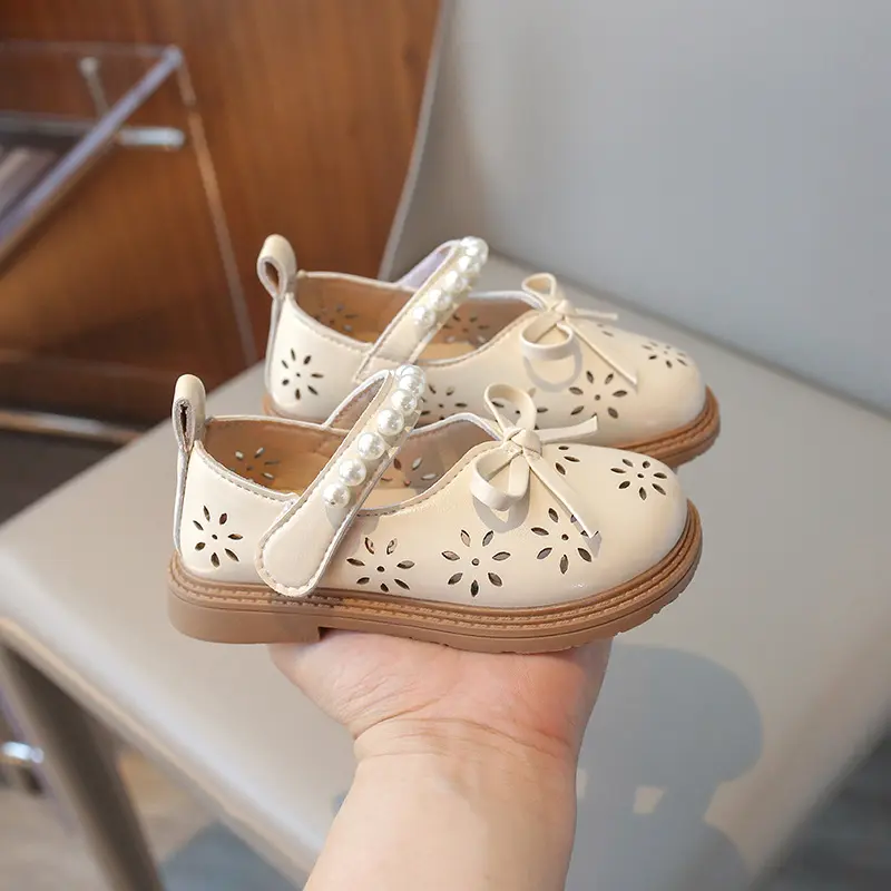Elegant Kids Dress Shoes with Pearl 2024 Lightweight Anti-slippery Little Girl Leather Butterfly Shoes Bridesmaid Shoes H06096