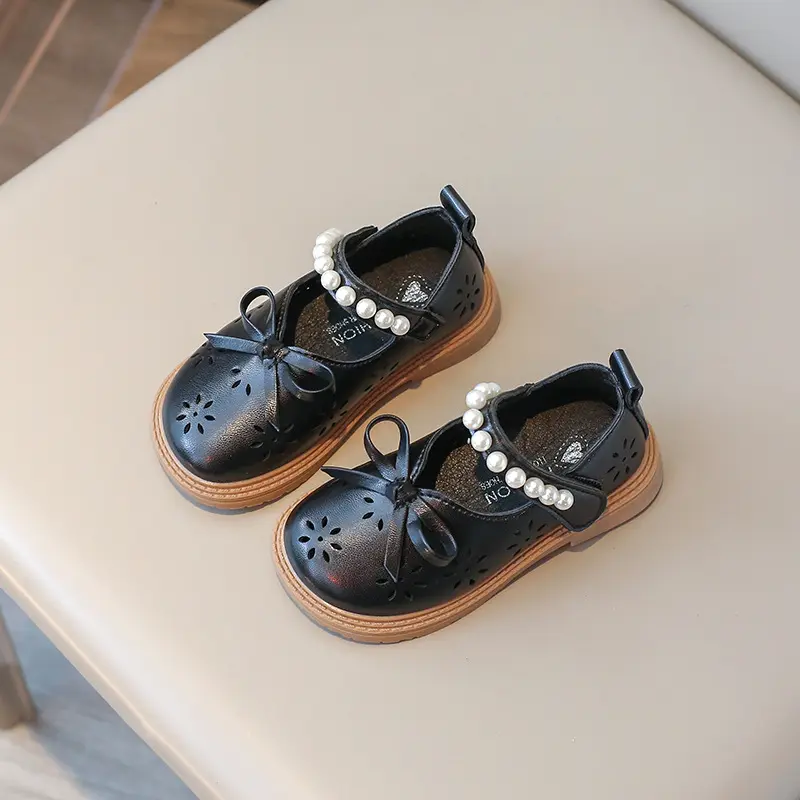 Elegant Kids Dress Shoes with Pearl 2024 Lightweight Anti-slippery Little Girl Leather Butterfly Shoes Bridesmaid Shoes H06096