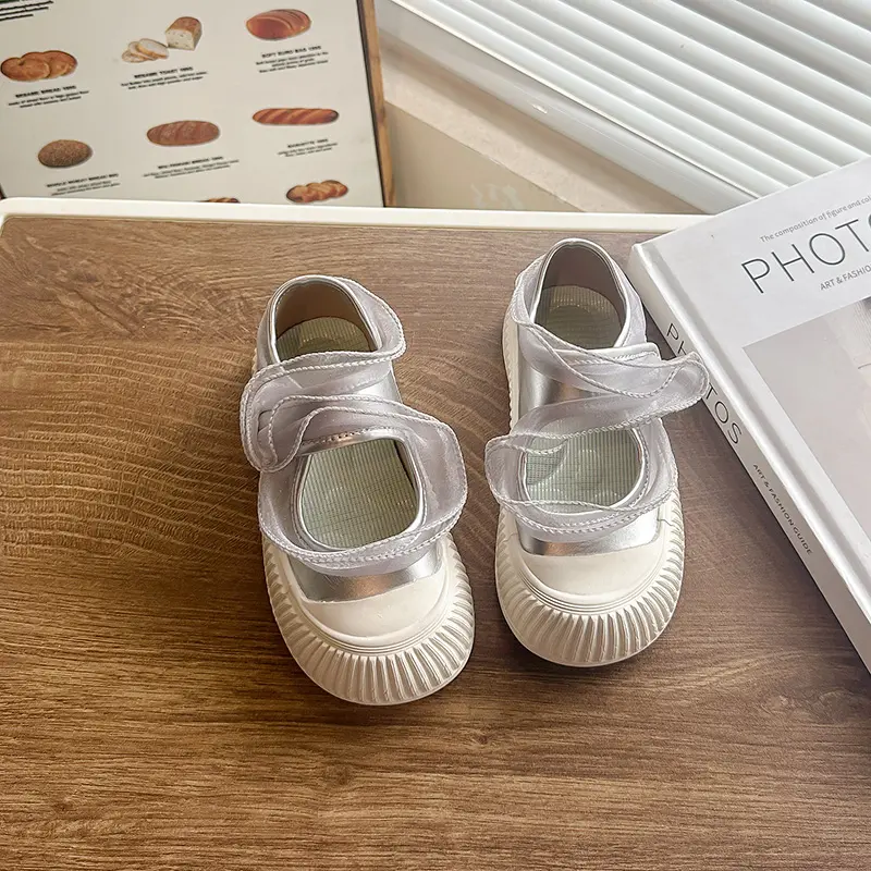Leisure Girls Clear Mesh Ruffles Board Flat Shoes Kids INS Autumn Pure Color Dressed Shoes Back To School Student Sneaker I08094