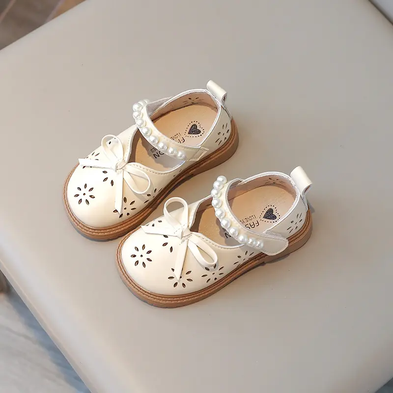 Elegant Kids Dress Shoes with Pearl 2024 Lightweight Anti-slippery Little Girl Leather Butterfly Shoes Bridesmaid Shoes H06096