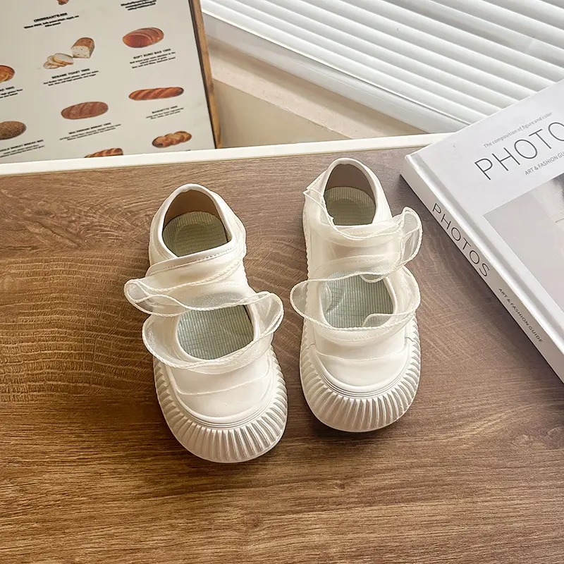 Leisure Girls Clear Mesh Ruffles Board Flat Shoes Kids INS Autumn Pure Color Dressed Shoes Back To School Student Sneaker I08094