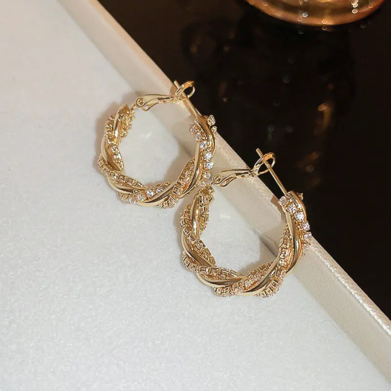 Huitan Twist Big Hoop Earrings Gold Color Dazzling Cubic Zirconia Bling Bling Ear Accessory for Women Daily Wear Trendy Jewelry
