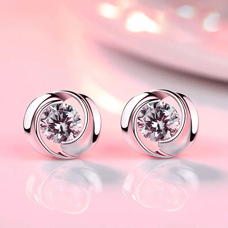 Huitan Simple Silver Color Stud Earrings with Round Cubic Zirconia Low-key Wedding Women Earrings Fancy Girl Gift Trendy Jewelry