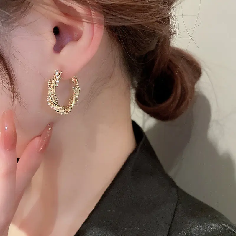 Huitan Twist Big Hoop Earrings Gold Color Dazzling Cubic Zirconia Bling Bling Ear Accessory for Women Daily Wear Trendy Jewelry