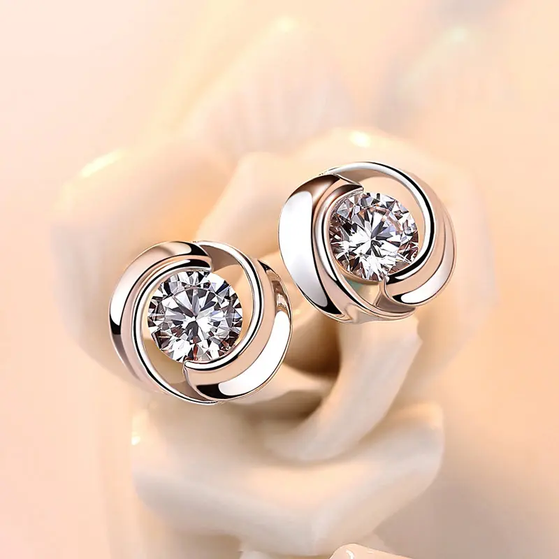 Huitan Simple Silver Color Stud Earrings with Round Cubic Zirconia Low-key Wedding Women Earrings Fancy Girl Gift Trendy Jewelry