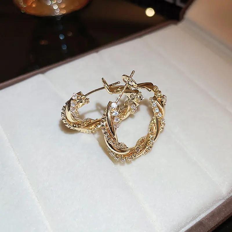 Huitan Twist Big Hoop Earrings Gold Color Dazzling Cubic Zirconia Bling Bling Ear Accessory for Women Daily Wear Trendy Jewelry