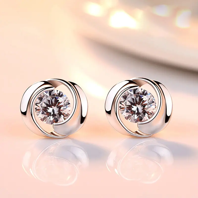 Huitan Simple Silver Color Stud Earrings with Round Cubic Zirconia Low-key Wedding Women Earrings Fancy Girl Gift Trendy Jewelry