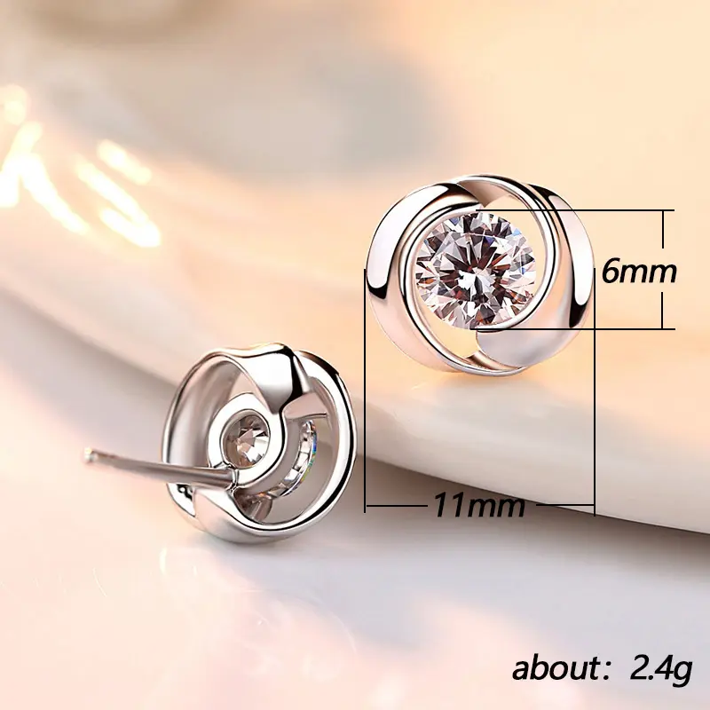 Huitan Simple Silver Color Stud Earrings with Round Cubic Zirconia Low-key Wedding Women Earrings Fancy Girl Gift Trendy Jewelry