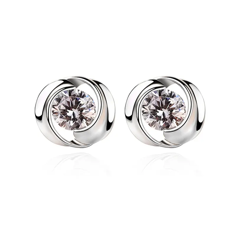 Huitan Simple Silver Color Stud Earrings with Round Cubic Zirconia Low-key Wedding Women Earrings Fancy Girl Gift Trendy Jewelry