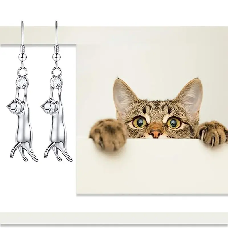 Huitan Trendy Women Cat Earrings with Round CZ Cute Pet Dangle Earrings Love Gift Creative Animal Accessories Statement Jewelry