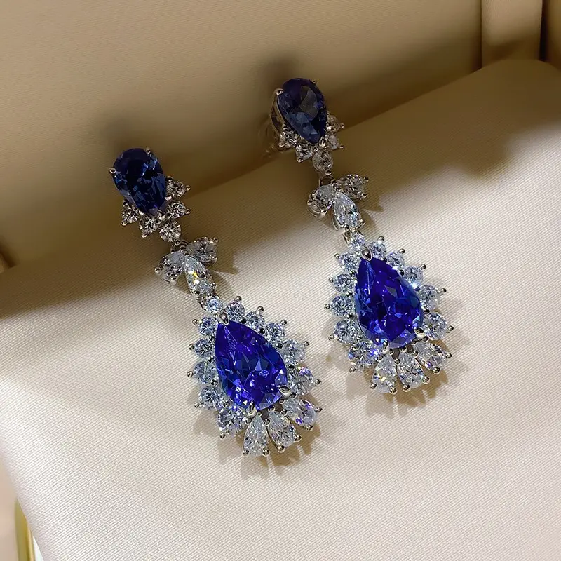 Huitan Pear Blue Cubic Zirconia Hanging Earrings Silver Color Luxury Earrings for Women Wedding Party Aesthetic Ear Jewelry New