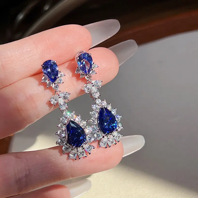 Huitan Pear Blue Cubic Zirconia Hanging Earrings Silver Color Luxury Earrings for Women Wedding Party Aesthetic Ear Jewelry New