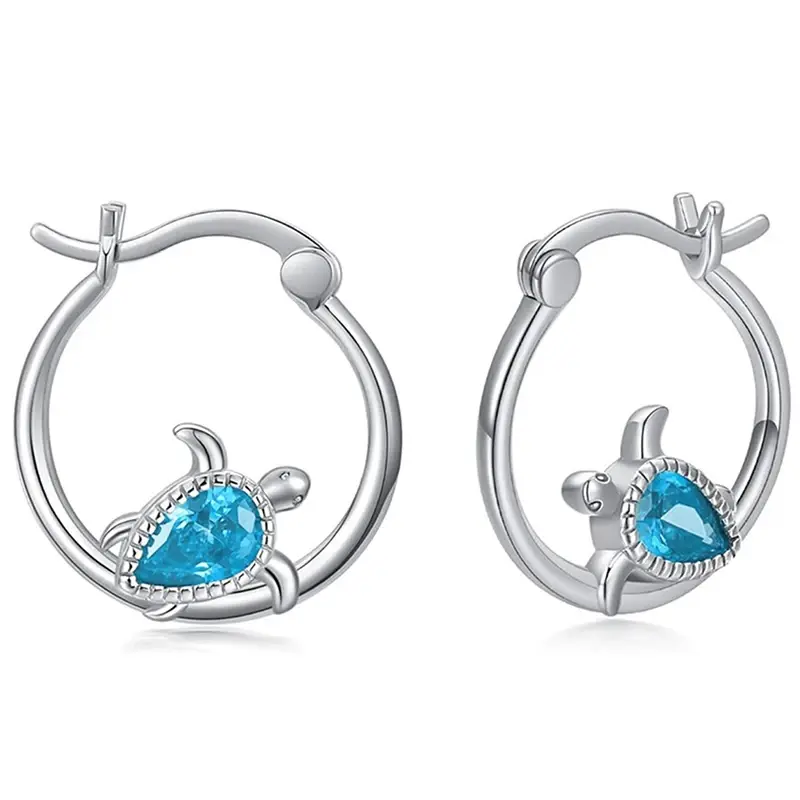Huitan Funny Turtle Designed with Blue CZ Hoop Earrings for Women Creative Cute Ear Accessories Charms Girl Daily Party Jewelry